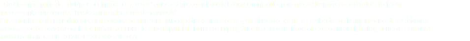 Este CD forma parte de Edelvives por proyectos ¿Lo ves? para el segundo ciclo de la Educación Infantil y para uso exclusivamente didáctico en el aula.
Todo el contenido de este CD está sujeto a las leyes del copyright.
Cualquier forma de reproducción, distribución, comunicación pública o transformación de esta obra solo puede ser realizada con la autorización de sus titulares, salvo excepción prevista por la ley. Diríjase a CEDRO (Centro Español de Derechos Reprográficos) si necesita fotocopiar o escanear algún fragmento de esta obra (www.conlicencia.com, 917 021 970 / 932 720 447).